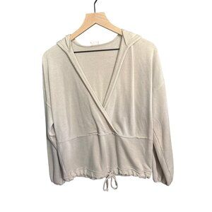 BKE Womens Small Hooded Wrap Sweater Top With Drawstring Hem Beige Cotton & Poly